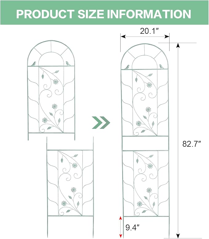 Sungmor Large Metal Garden Trellises for Climbing Plants - 82.5 Inch Tall &amp 2PC Green Pack - Beautiful Retro Style Metal Fence Trellis - Gardening Vines Plant Support for Flower Rose Climbing