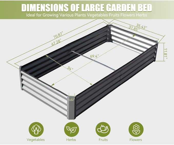 Heavy-Duty Galvanized Steel Raised Garden Bed for Outdoor Vegetable Fruit and Flower Planting – Rust-Resistant Metal Planter Box (6x3x1ft (Silver))