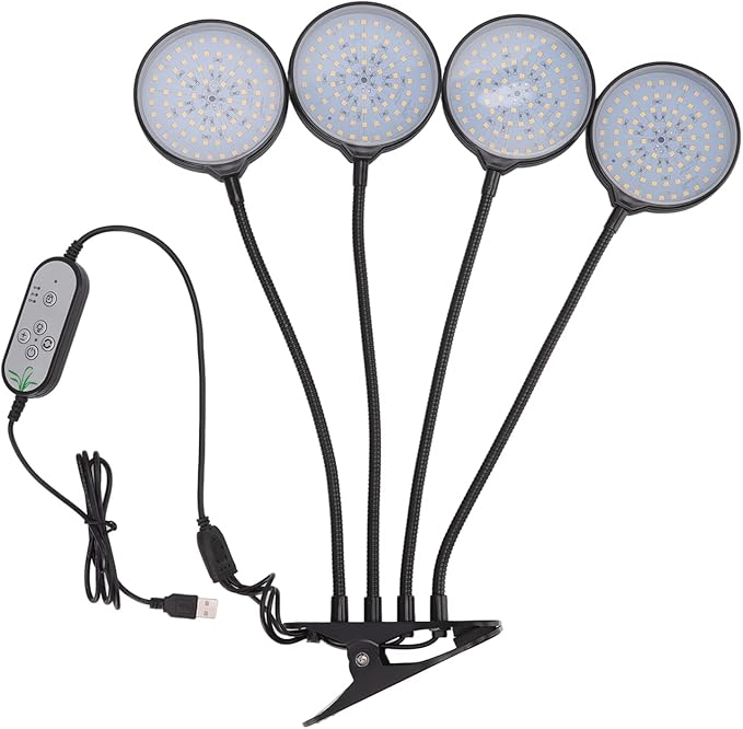 60W 4 Head LED Plant Light for Indoor Growing with USB Power - 360° Adjustable Clip - On Grow Lamp 5 Dimmable Modes Waterproof Design for Plants