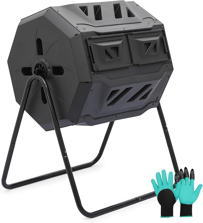 MoNiBloom 43 Gallon Compost Tumbler Outdoor BPA Free Large Dual Chamber Tumbling Compost Bin All-Season Fast Working Tumbling Composter High Volume Composter with 2 Sliding Doors