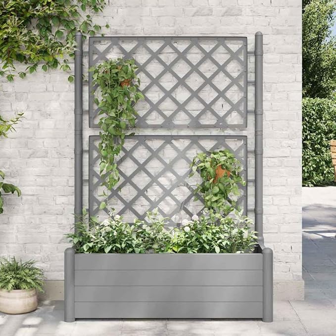 Stone Grey Polypropylene Garden Planter Rectangular Raised Bed with Integrated Trellis 39.4 x 39.4 x 55.9 Inch for Outdoor Plants Balcony Patio UV-Resistant