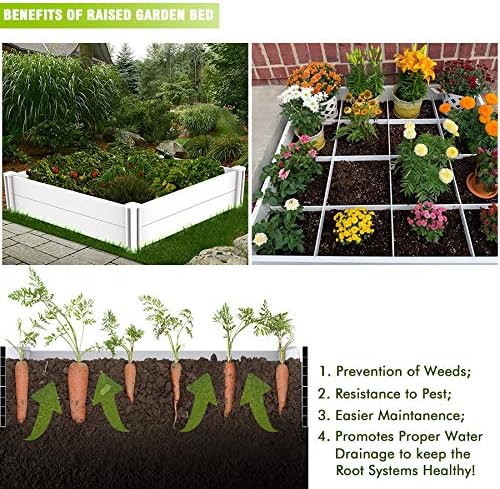 Raised Garden Bed Kit 4'x4' Outdoor Above Ground Planter Box for Growing Vegetables Flowers Herbs DIY Gardening Whelping Pen and More Screwless White Vinyl Garden Bed with Grid