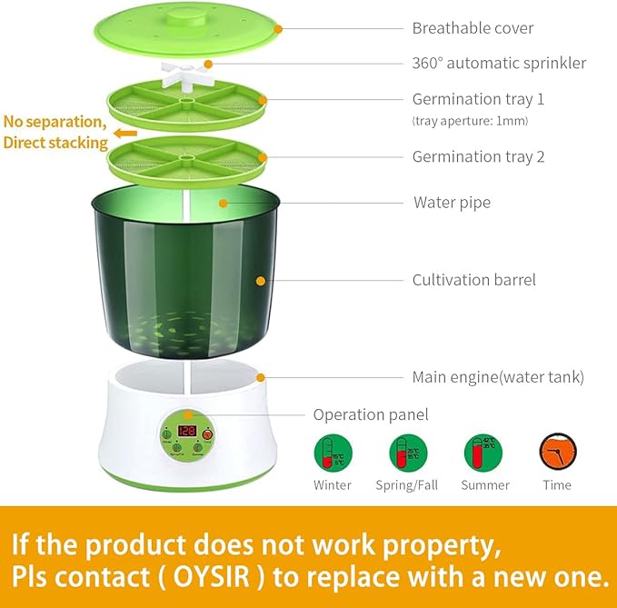 Bean Sprouts Machine Seed Sprouter Kits LED Display Time Intelligent Automatic Bean Sprouts Maker 2 Layers Function Large Capacity Seed Grow Also for Radish Alfalfa Wheatgrass Broccoli Sprouts