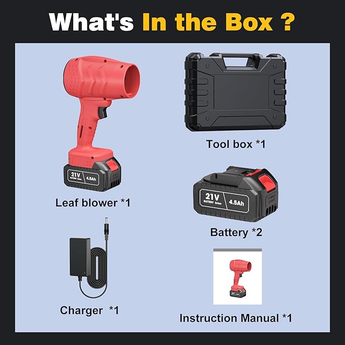 Electric Mini Leaf Blower Powered Handheld Blower Leaf Adjustable Wind Speed Cordless 21V Battery Blower with 2 Rechargeable Batteries and Charger Toolbox for Yard Leaf &amp Snow Removal(Red)