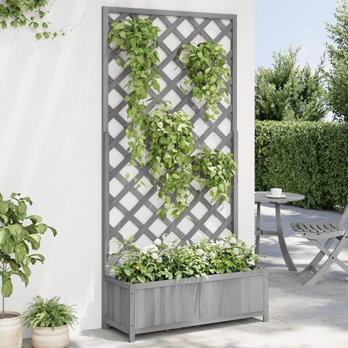 Wood Planter with Trellis Outdoor Raised Garden Bed with Trellis Wooden Planter Box for Climbing Plants 35.4x13.8x70.9 Gray Solid Wood Fir