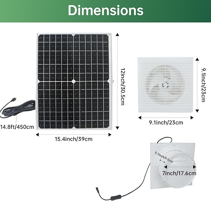 Solar Exhaust Fan 25W Waterproof Solar Panel 8 Inch Ventilation Vent Fan for GreenhouseChicken CoopShed Garage Attic Barn Workshop Outside14.8ft Cable