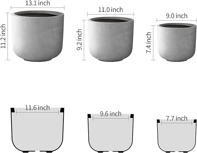 Kante 13119 Dia Natural Concrete Round Planters (Set of 3) Outdoor Indoor Modern Planter Pots Lightweight Weather Resistant Seamless with Drainage Hole