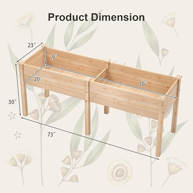 HAPPYGRILL Raised Garden Bed Outdoor Planter Raised Bed w/Drainage Holes Divider Panel 6 Supporting Legs Elevated Wood Planter Box for Backyard Patio Balcony 73” x 23” x 30” (Natural)