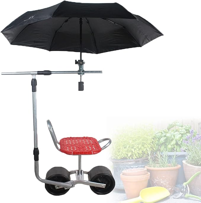 Collapsible Rolling Seat for Gardening 360° Rotating Garden Chair Height Adjustable with Umbrella Stand Planting Picking Stool for Gardening Lovers (Seat + Umbrella Stand)