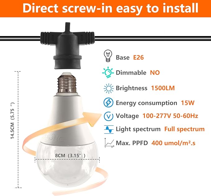 Grow Light Bulbs LED Growth Bulb A25 Full Spectrum Plant Light E26 Base 15W houseplant Growting lamp Seed Start Greenhouse Indoor or Outdoor (Grow Bulb (6 Lights and Cord))