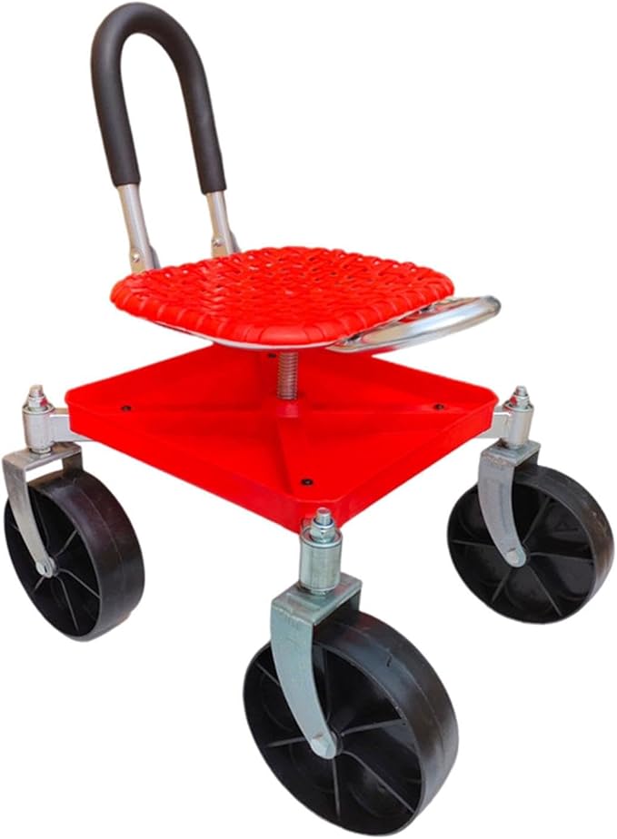Garden Trolley Rolling Seat Gardening Stool Carbon Steel Frame with Backrest Height Adjustable Garden Chair for Planting Shed red