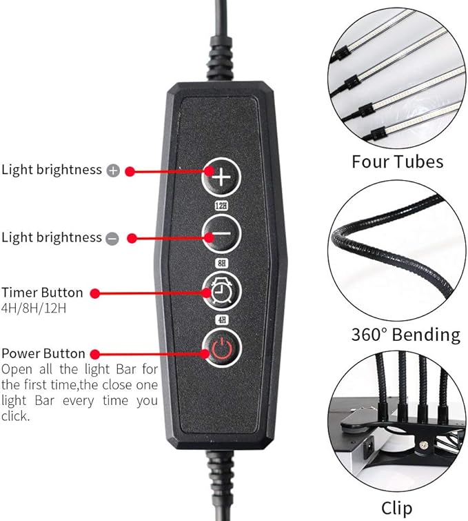 RUNAAJA Long Four-Head Clamps Plant Growth Light Succulent Plant Light LED Ground Insert Plant Light with Auto On/Off Timer 4H/8H/12H/18H Plant Grow Light