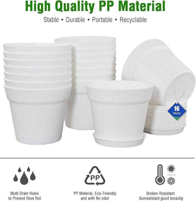 WOUSIWER 16 Pack 6 inch Plastic Planters for Indoor Flower Pots Heavy Duty and Stylish 6 Inch Plant Pots for Indoor Plants with Drainage Holes and Tray for Plants Flowers White