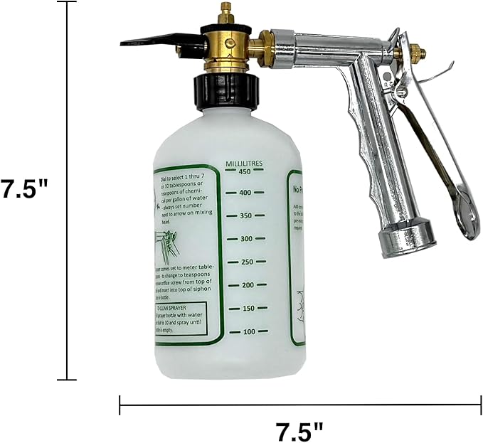Rocky Mountain Goods Hose Sprayer - 16oz Bottle - Small 7.5 x 7.5 Size - for Spraying Fertilizer Soap Pesticide Chemical Insecticide - Dilution Adjuster - Nozzle Angle Guide for Trees/Garden