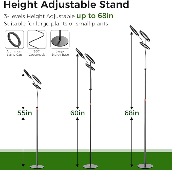 Grow Lights for Indoor Plants with Timer Three-Heads 63 Inch Vertical Grow Light Full Spectrum 216 LEDs 48W 3/6/12H Auto On/Off 3 Light Modes 10-Level Dimmable Gooseneck Standing Plant Lamp