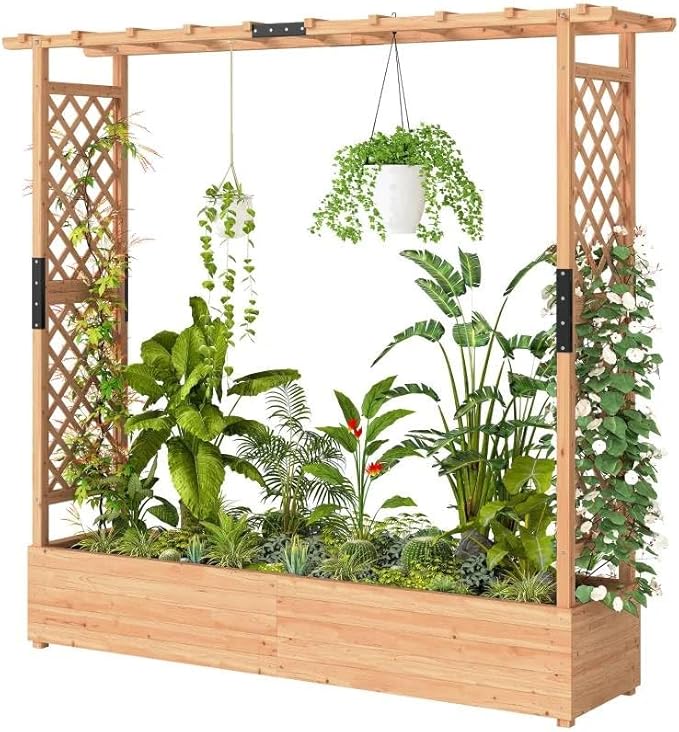 Vertical Space Saving Trellis Planter Box - All-in-One Fir Wood Design with Drainage Grows Climbing Roses Cucumbers &amp More in Small Areas