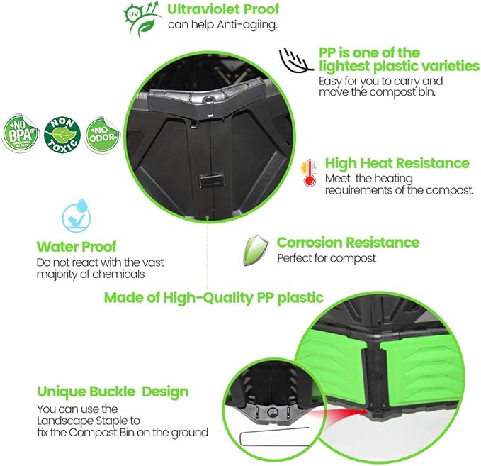 SQUEEZE master XXL Large Compost Bin Outdoor- 720L /190 Gallon-Easy Assembly-No Screws-Sturdy&amp Durable-Green Door