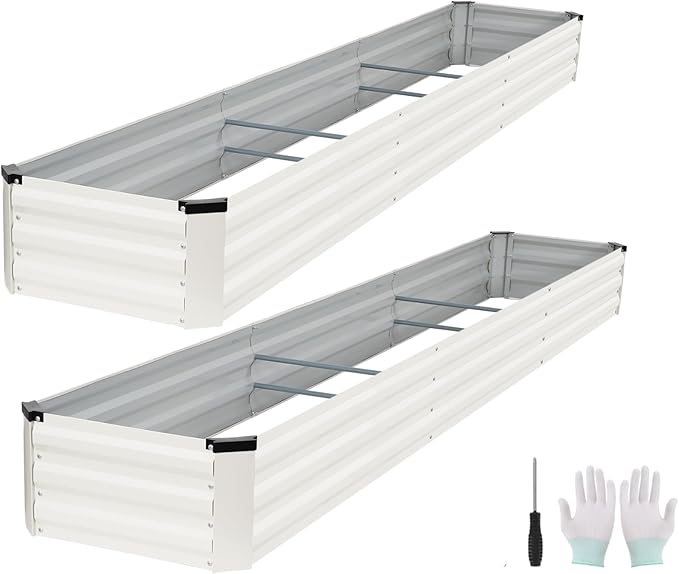 Galvanized Raised Garden Bed Outdoor | Metal Raised Garden Bed for Gardening 2Pack | Large Planter Box for Vegetables Flowers Fruits | Easy Assembly &amp Safety Design Flower Beds 12x2x1ft White