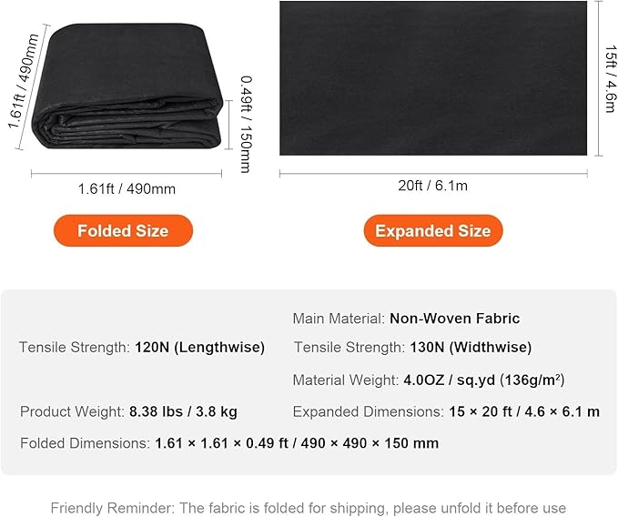 Weed Barrier Fabric Non Woven Geotextile Fabric Under Gravel Driveway Landscape Heavy Duty Weed Barrier(15x20ft 4.0Oz)
