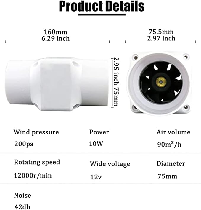 10W Ventilation Fan 3 Inch Inline Duct Fan 12V Turbo Blower Fan Hot Air Cooling Fan for Hydroponics Vents Grow Tents Greenhouse (Color : Normal Power Size : 3IN/10W)
