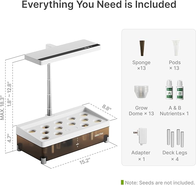 SUNCOZE Hydroponics Growing System Kit 13 Pods Indoor Garden with Dimmable Grow Light 4L Visible Water Tank with Adjustable Height to 12.8Digital Timer &amp Water/Nutrient Reminder Gardening Gif