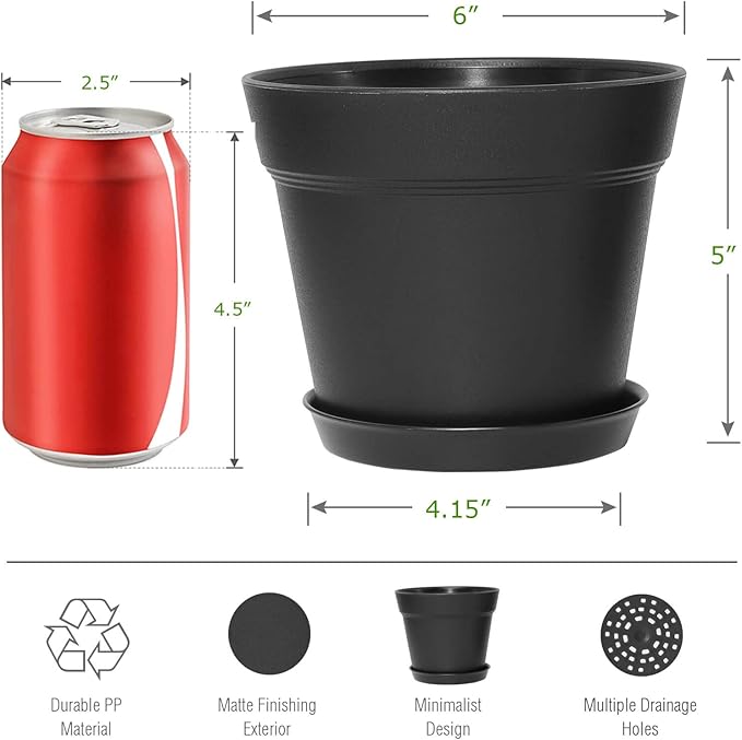 WOUSIWER 16 Pack 6 inch Plastic Planters for Indoor Flower Pots Heavy Duty and Stylish 6 Inch Plant Pots for Indoor Plants with Drainage Holes and Tray for Plants Flowers Black
