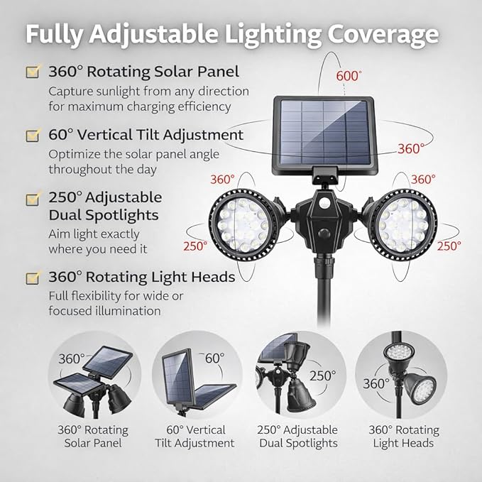 Solar Outdoor Spotlights Dual-Head 36 LED Solar Security Light with Motion Sensor Ultra-Bright Landscape Wall &amp Ground Lights Waterproof Solar Powered Lighting for Yard Garden Patio Driveway