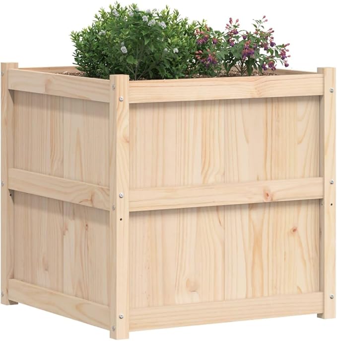Large Rustic Square Outdoor Garden Planter Solid Pine Wood 27.6 Inch Raised Garden Bed for Outdoor Plants Balcony Patio