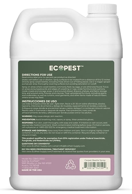Carpet Beetle Spray – Natural Plant-Based Killer for Carpet Beetles Larvae &amp Eggs | Fabric &amp Furniture-Safe Home Treatment for Indoor Use | Child &amp Pet Safe Low Odor Eco-Friendly (128