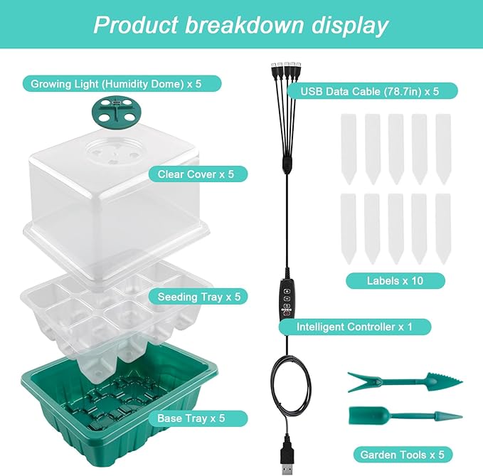 Seed Starter Tray with Grow Light Plant Germination Starter Kit Seed Starter kit with Humidity Dome and Base for Greenhouse Grow Wheatgrass Hydroponic (Timed Seedling Tray)