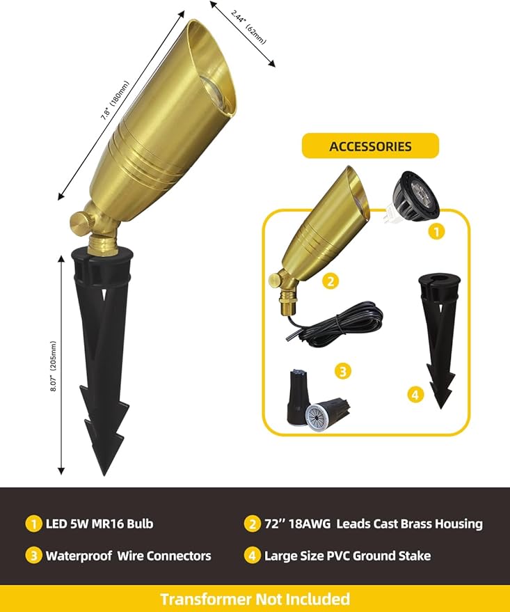 COLOER Die-cast Brass Landscape Spotlight 10-Pack with 5W Aluminum Housing LED MR16 Bulb12V AC/DC Low Voltage Copper Outdoor Lighting Directional Garden Patio Spot Up Light (102B Copper Finish)