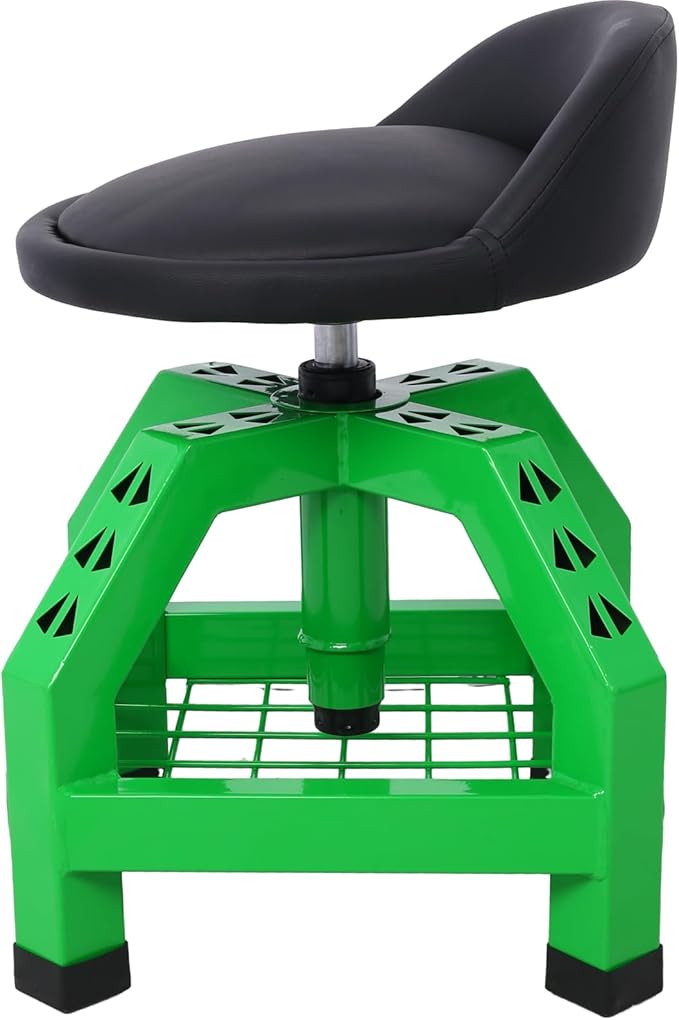 Rolling Shop Stool for Garage with Tool Storage Lower Shelf Ergonomic Padding Lumbar Support 360° Swivel Shop Seat Green