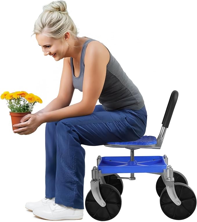 Gardening Rolling Seat Garden Seat with Wheels Height Adjustable Rolling Garden Cart 360 Degree Swivel Gardening Stool with Tool Tray for Gardeners Elderly Seniors Loading Capacity 150kg (Blue)