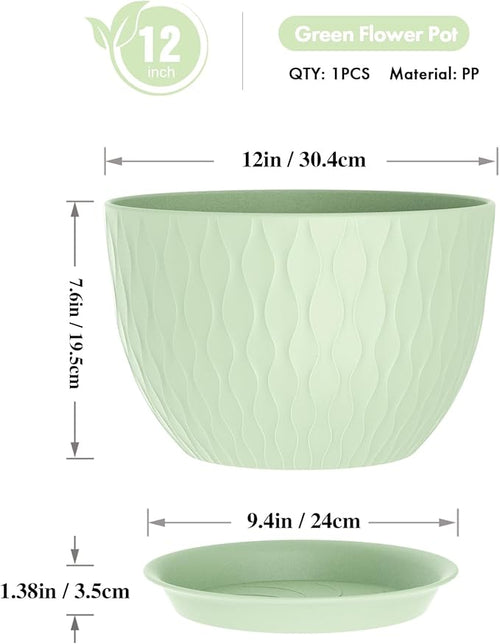 12 Inch Large Plant Pots for Indoor or Outdoor Plants Wide Water Ripples Flower Pots with Drainage Holes &amp Saucer Plastic Planters Set for Garden &amp Home Decor (Green)