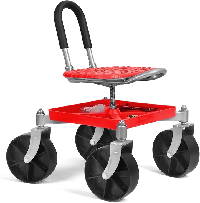 Gardening Rolling Seat Stools Chair for Seniors Height Adjustable Rolling Garden Cart with Seat 360 Degree Swivel Gardening Stool with Tool Tray Workseat for Gardeners Elderly Seniors (Red)
