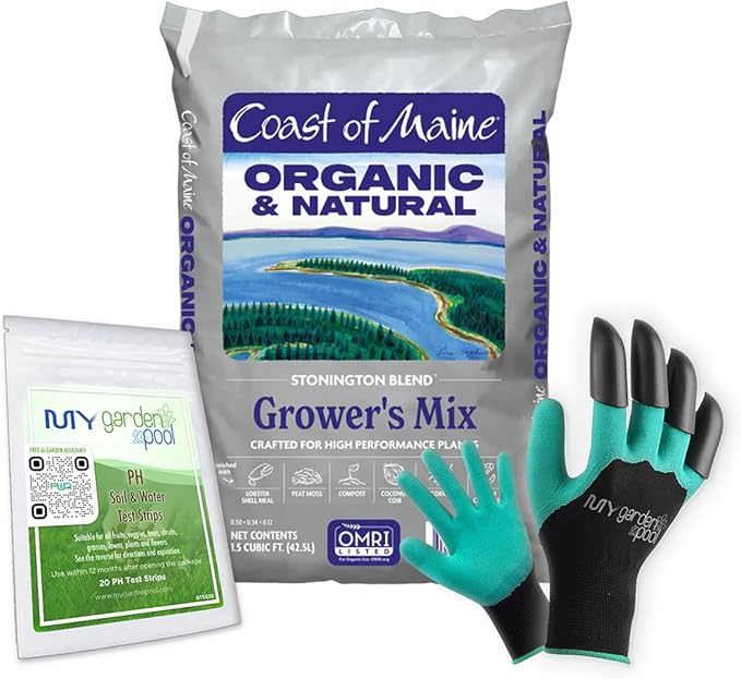 Coast of Maine ST1500 Stonington High Performance Growers Mix 1.5 cf with My Garden Pool 7-in-1 Soil Test Strips 20 ct. and Claw Gardening Gloves