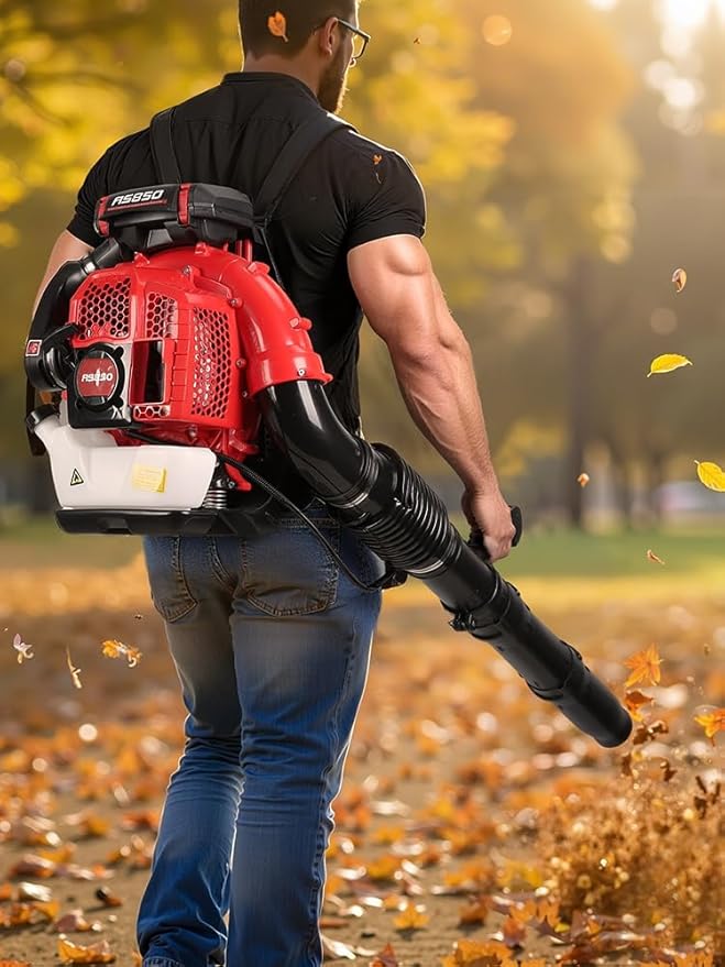 Backpack Leaf Blower 80CC 2-Stroke Gas Powered Leaf Blower with 900CFM/92.2m/s 3.5kw Professional Backpack Blower for Large Gardens Heavy Duty Red