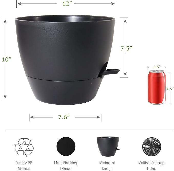 12 inch Large Self Watering Pots Plastic Planters with 60oZ Removable Deep Reservoir and Multi Mesh Drainage Holes for Indoor Outdoor Garden Plants and Flowers Black