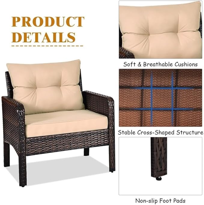 Pemberly Row 3-Piece 26'' Rattan Conversation Set Outdoor Seating Ensemble Built for Casual Comfort and Interaction Brown