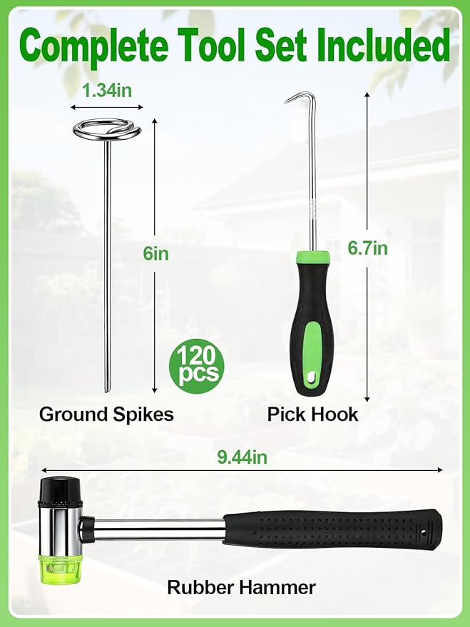 6 Inch Landscape Staples with Hook &amp Hammer - 120pcs Circle Top Weed Barrier Stakes Kit 9 Gauge Galvanized Rust-Resistant Garden Fabric Pins for SOD Garden Edging Install &amp Remove Tools In