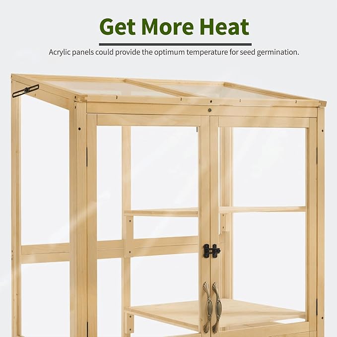 Macrout Cold Frame Greenhouse Tall Wooden Greenhouse for Outdoor Indoor Use with Polycarbonate Panels 3 Tier Garden Cold Frame with Drawer and Shelves 0864 (Natural)