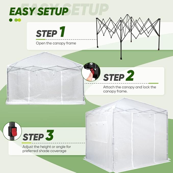 EAGLE PEAK 8x8 Portable Walk in Greenhouse Pop Up Indoor Outdoor Greenhouse Green House Kit with Zippered Roll-Up Doors and Windows PE Cover Clear/White