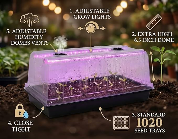 1020 Nursery Tray with Grow Lights - 4-Pack 6.3 Extra High Humidity Dome &amp Heavy Duty Propagation Tray 8-Pack Integrated 96 Full Spectrum LED with Timer/5 Dimmable Levels Reusable Greenhouse Ki
