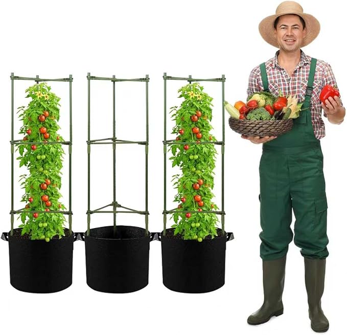 GENMOUS Tomato Cages with Grow Bags - 48 Inch Tomato Trellis for Raised Garden Bed 3-Pack Tomato Plant Support with 10 Gallon Plant Grow Bags Reusable and Height Adjustable