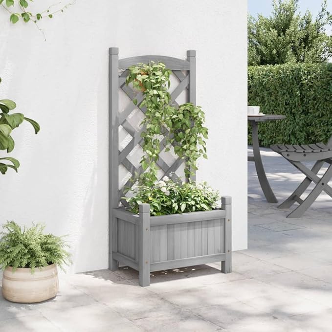 Solid Wood Garden Planter with Trellis Wood Raised Garden Bed Planter with Trellis Outdoor Garden Box for Climbing Plants Gray Solid Wood Fir-763