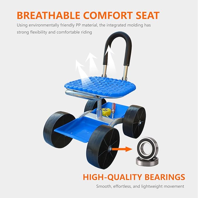 Auxiliary Gardening Chair with Wheels and Foldable backrest Used for Outdoor Vegetable Picking and Bending Assistance During car Maintenance (Foldable Four-Wheel Storage Model)