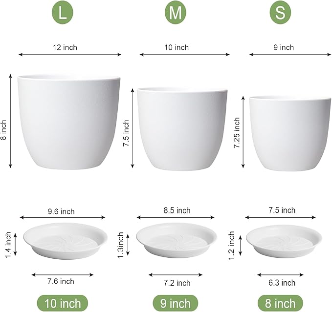 12/10/9 Large Plant Pots Plastic Planters with Drainage Holes and Saucers for Indoor Outdoor Plants Flowers White