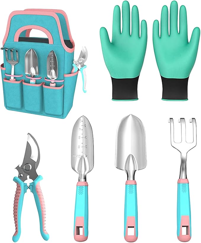 Gardening Tool Kit - Rake Gloves Pruner with Trowel | Garden Hand Tool Set with Tote | for Indoor Outdoor Lawn Backyard Patio Balcony Greenhouse