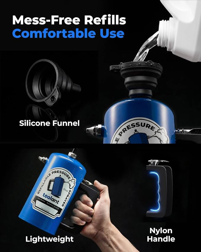 toolant 32oz Refillable Pressurized Sprayer Steel Canister Rust-Resistant Lining Needle Valve Leak-Resistant 1.0/0.6mm Nozzles Funnel Included 200 PSI Max for Brake Cleaner &amp Solvents Blue