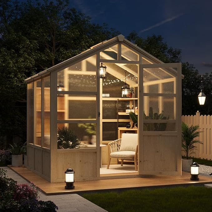 Wooden Greenhouse for Outdoors 8x6FT Greenhouse with Lockable Door Wood Frame &amp Adjustable Vent for Outside Garden Yard Light Brown